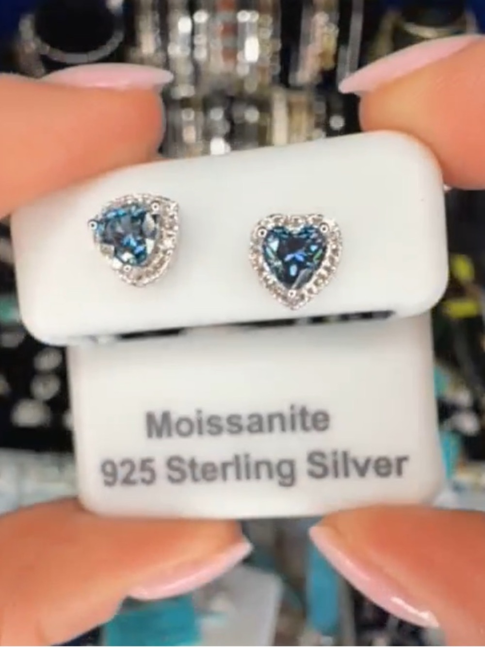 Blue Heart Moissanite Stud Earrings in 925 Sterling Silver